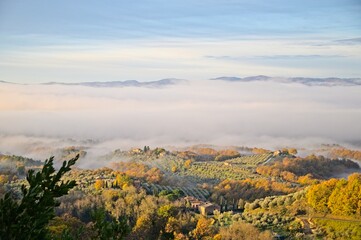 Beautiful View of the Hills of Umbria Italy in Winter with Fog