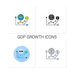 GDP growth icons set. Gross domestic product.Increase in production and services in economy. Upswing. Business concept.Collection of icons in linear, filled, color styles.Isolated vector illustrations