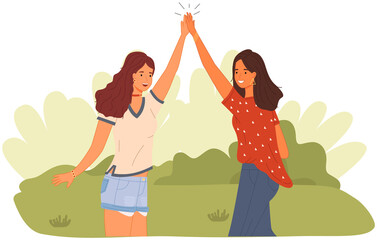 Two people giving high five, standing happily with hands together. Smiling women greeting each other. Female characters give five and rejoice. Happy girls during greeting isolated on white background