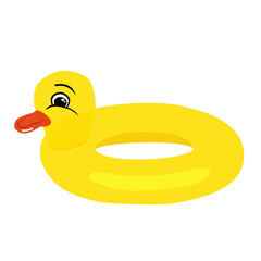 Yellow lifebuoy in the form of a duckling isolated on a white background.