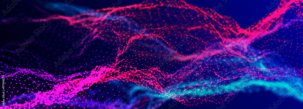 Poster Futuristic dots pattern on dark background. Colored music wave. Big data. Technology or Science Banner. 3D rendering