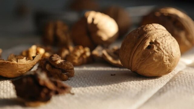 Chopped walnut. Slow motion. Close-up