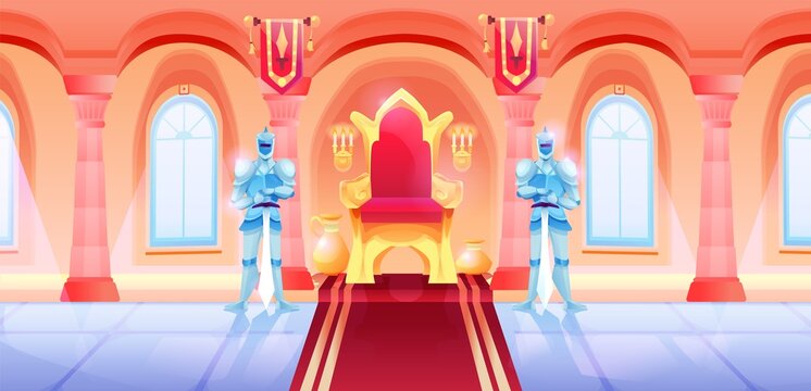King throne guarded by knights in metal armor. Medieval castle royalty room. Fairy tale and fantasy palace