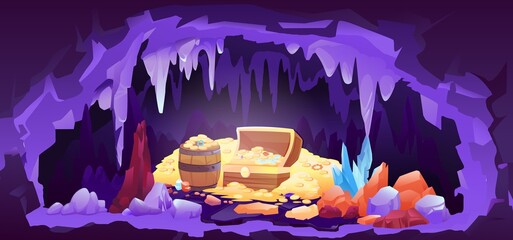 Treasure gold coin and gemstone in rock cave cartoon. Medieval wooden chest and barrel full of money and gems. Ancient fantasy adventure and fairy tale