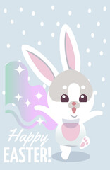 Happy Easter banner. Happy cartoon rabbit celebrating miracle