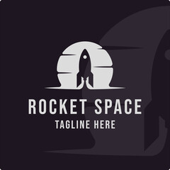 silhouette rocket space at the moon logo vintage vector illustration template icon graphic design. spaceship sign or symbol for company