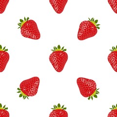Ripe red strawberry on white background seamless pattern. Vector background with strawberries. For fabric, wrapping or wallpaper.