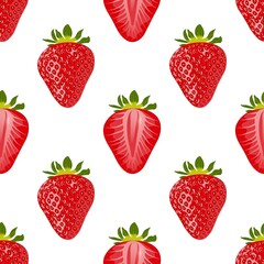 Berries and slices of strawberries on a white background. Seamless vector background with red strawberries on white background. 