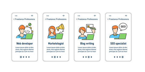 Freelance professions onboarding mobile app screens. Web development, marketologist, blog writing, SEO specialist. Careers steps menu. Set of UI, UX, web template with RGB color linear icons