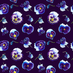 Violas are blue. Seamless watercolor pattern.