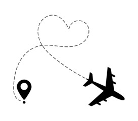 Flying airplane with a heart dotted air route and map pointer.Paper plane line icon with a hearts.Valentines Day.Love travel route.Airplane line path icon .Heart path.