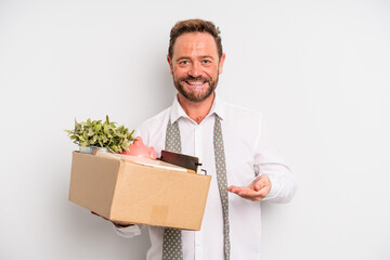 middle age man smiling cheerfully, feeling happy and showing a concept. unemployment concept