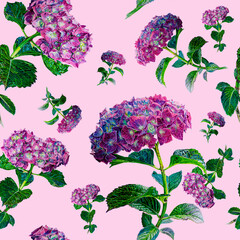 Hydrangea. Seamless watercolor floral pattern in purple tones