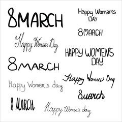 8 march Women's Day. Design black elements lettering set isolated on white background. vector illustration