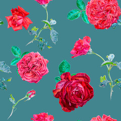 Red roses on blue. Botanical watercolor seamless pattern