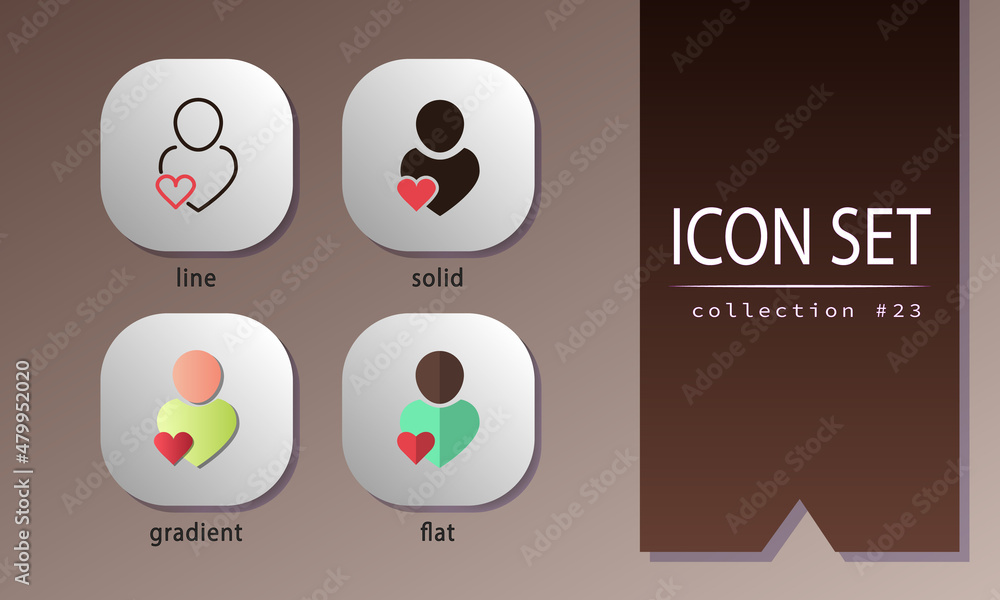 Poster set of 4 icons in different styles - line, solid, gradient with shadow and flat. avatars signs for w