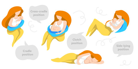 Set of different breastfeeding poses, including cradle, cross-cradle, side-lying and clutch.