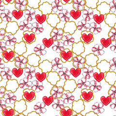 Seamless pattern of red hearts, pink cherry flowers and golden jewelry beads.Valentine's day texture. Romantic modern pack decor. Watercolor hand painted isolated element on white background.