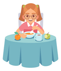 Girl eating at dinner table. Healthy child food