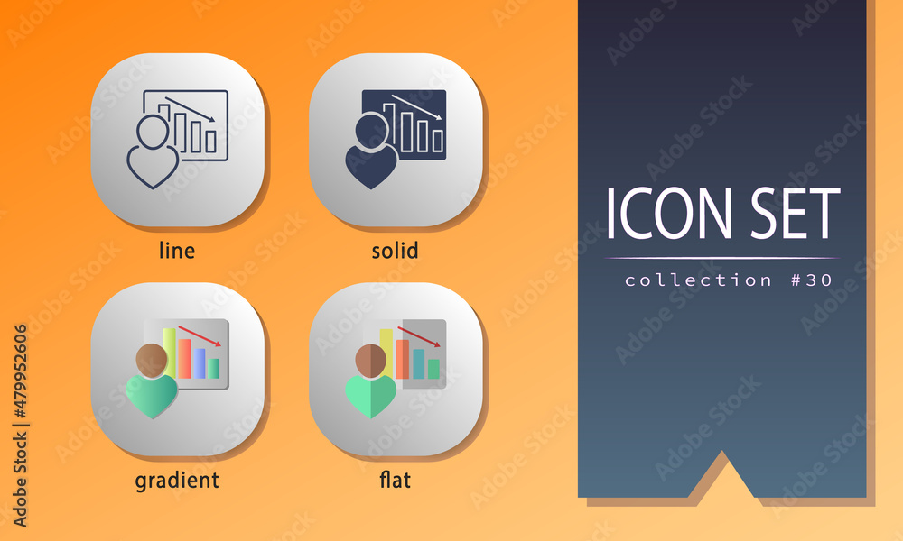 Aufkleber web icon in line, solid, gradient and flat styles. man and chart with red down arrow. symbols with b