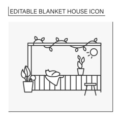 Balcony line icon. Cozy balcony chair, plant decoration and pet cat. Modern home decoration with small lights. Interior design.Blanket house concept. Isolated vector illustration.Editable stroke