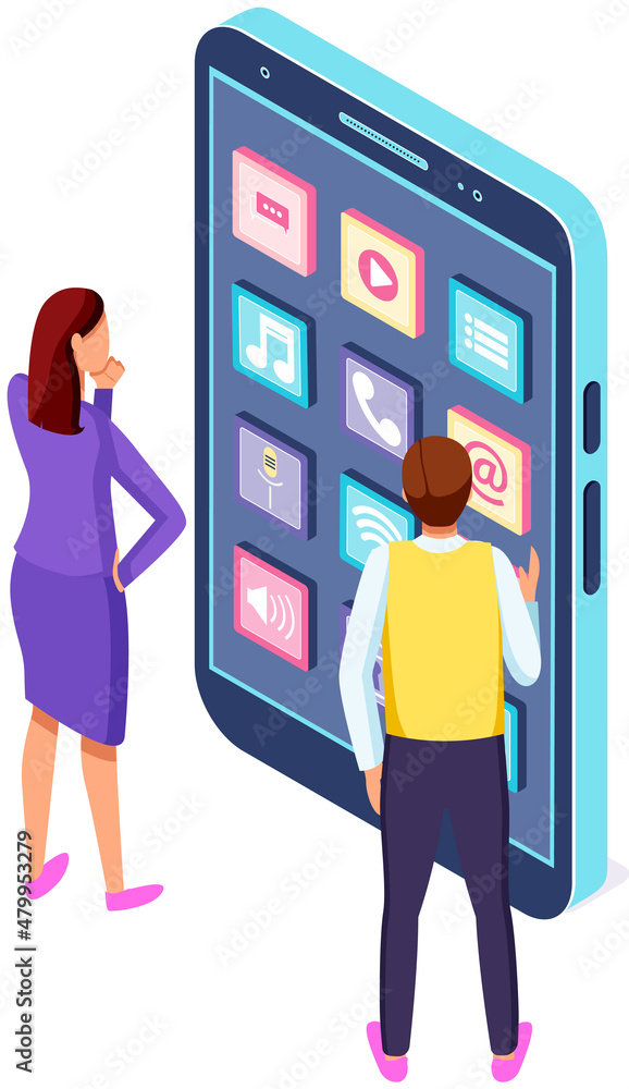 Poster work with development of application, program for phone. man and woman looking at application icons 