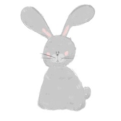 Isolated soft pencil cute grey baby rabbit character illustration 