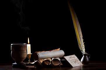 Writing set with a pen in the Middle Ages