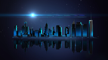 Abstract 3D building Neon Light. Futuristic City Neon Light scene. Cityscape Tron Light Glow future city and Technology Panorama background. Digital Transformation Concept Background. 3D Render.