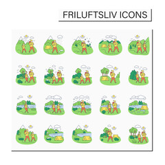 Friluftsliv color icons. Family hiking. Green, eco tourism. Adventure tourism. Nature landscape. Nordic outdoor activities concept.Isolated vector illustrations