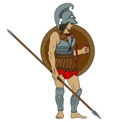 Ancient Greek warrior with a spears and shields in their hands. Figure isolated on white background. - obrazy, fototapety, plakaty