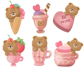 Valentine cute bear hand drawn with sweet dessert and pink cup
