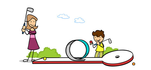 Mutter und Sohn spielen zusammen Minigolf
