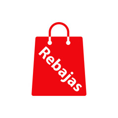 Logotipo con silueta de bolsa de la compra con texto Rebajas en español en color rojo