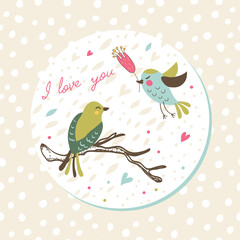 Romantic card with cute birds.