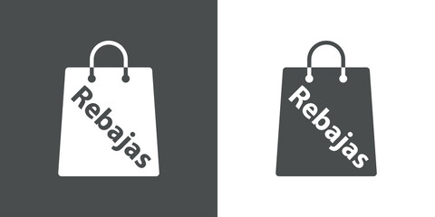Logotipo con silueta de bolsa de la compra con texto Rebajas en español en fondo gris y fondo blanco
