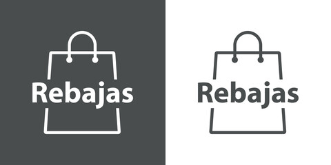 Logotipo con silueta de bolsa de la compra con líneas con texto Rebajas en español en fondo gris y fondo blanco © teracreonte