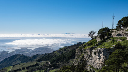 Top view of Trapani from Erice. City and salt flats. Sicily Italy.
