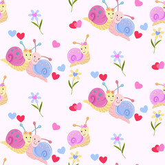 Valentin's Day Seamless Pattern with cute snail and heart shape.