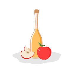 Flat illustration of apple cider vinegar or wine. Illustration of a composition of vinegar or wine in a bottle and apples. Natural farm product for the kitchen. Vector on white background.
