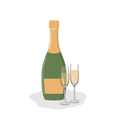 A flat illustration of a bottle of sparkling wine and two glasses. Champagne, date, important date, wedding. Vineyards, private winery. Vector illustration on white background.