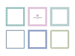 Set of square frames with traditional folk elements of embroidery. Decorative cross-stitch with stylized flowers on a white background. Stock illustration - eps10 vector.