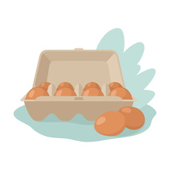 Illustration of a composition with an open package of eight eggs and eggs lying separately. Flat illustration of carton packaging for eggs. Packaging, a useful product. Vector on white background.
