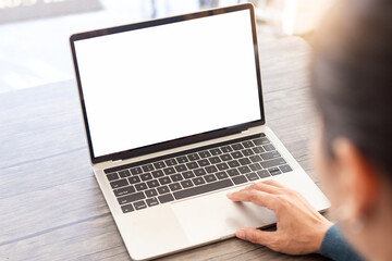 computer screen blank mockup.hand woman work using laptop with white background for advertising,contact business search information on desk at coffee shop.marketing and creative design
