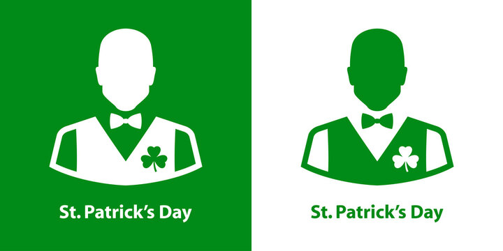 Logotipo texto St. Patrick's Day con silueta de trebol en chaleco de camarero de pub en fondo verde y fondo blanco