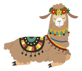 Fototapeta premium Resting alpaca. Cute peruvian animal in traditional ornaments
