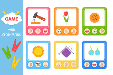 Educational game for children with clothespins. Five senses matching game for kids. Sight, touch, hearing, smell and taste. Vector illustration. Printing sheet for games