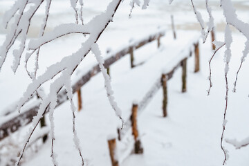 A snow-covered tree branches in front of a wooden bridge at a frozen river in winter.