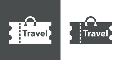 Logotipo con texto Travel con ticket con forma de maleta con lineas en fondo gris y fondo blanco