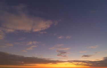 Sunset sky. Abstract nature background. Dramatic blue with orange colorful clouds in twilight time.